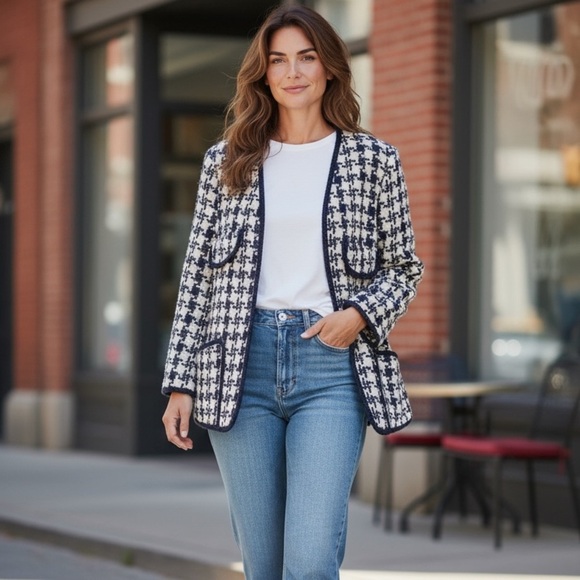 Tongse Studio Navy Cream Tweed Cotton Blend Jacket Medium Lined Open Front - Picture 2 of 10